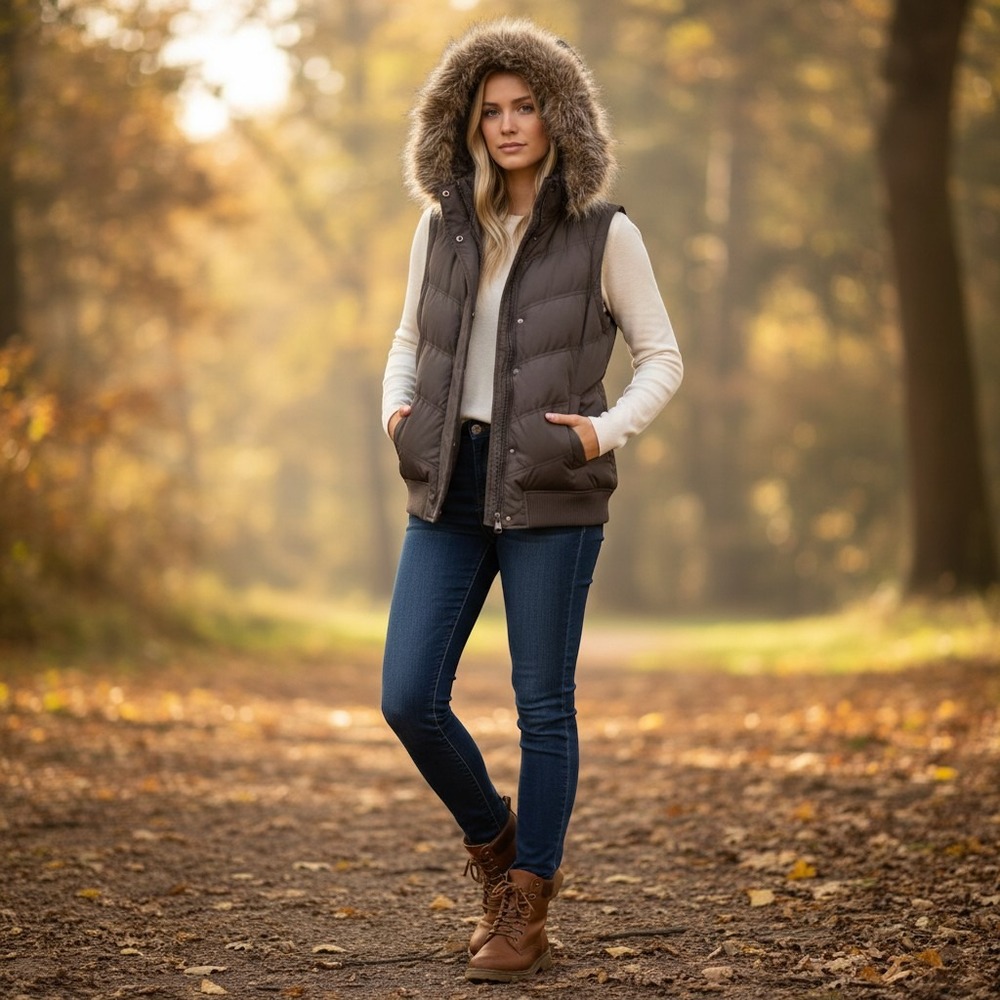 Y2K Vintage GAP Vest Women Large Brown Puffer Down Faux Fur Hood 2007 Puffy Snow